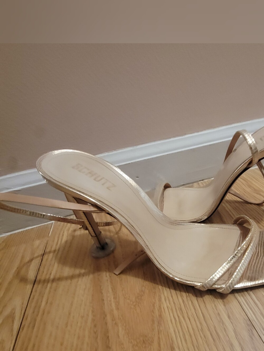 Schutz Altina Metallic Embossed Leather Sandals.